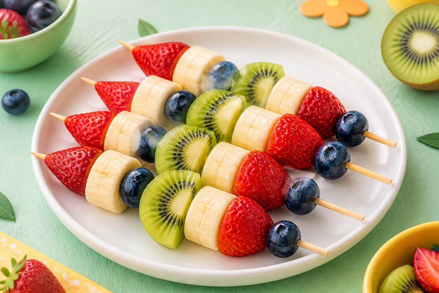 Espetinhos coloridos de frutas frescas.