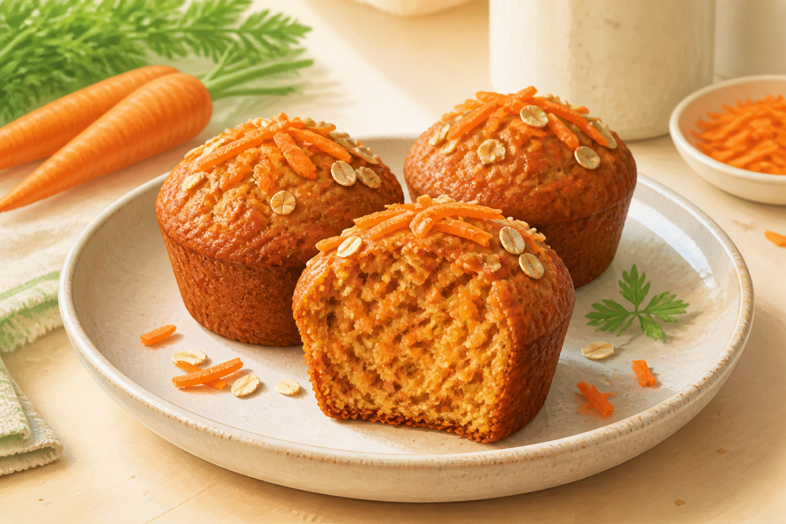 Mini muffins de cenoura dourados em uma mesa clara.
