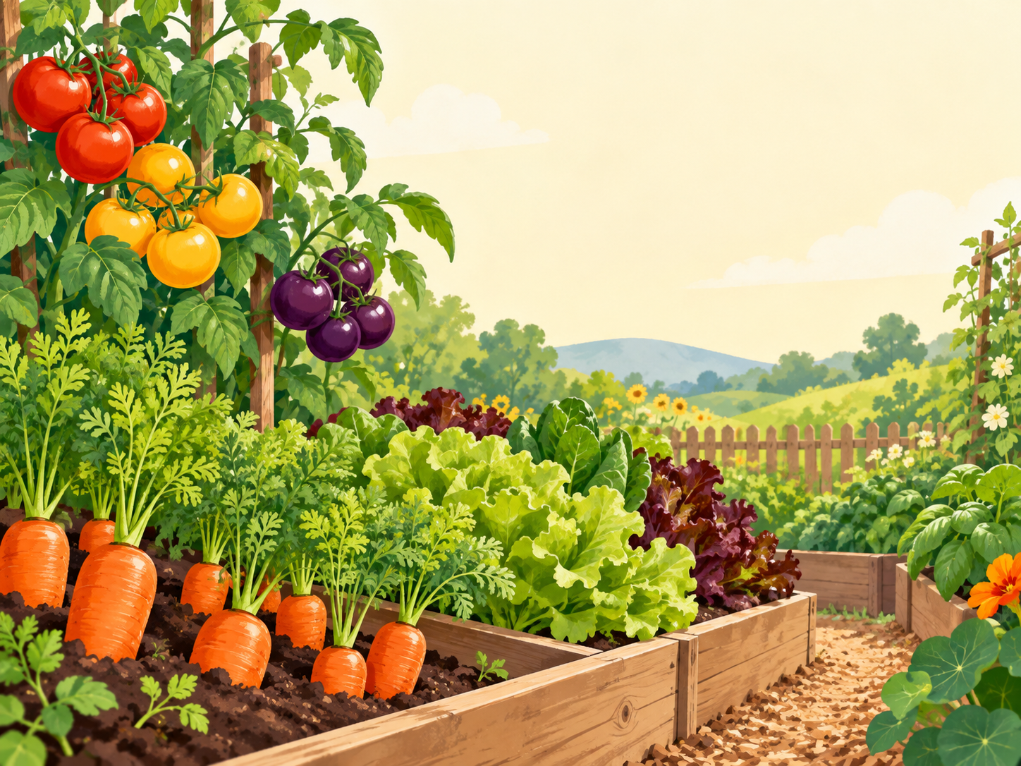 Personagens explorando alimentos coloridos em uma horta
